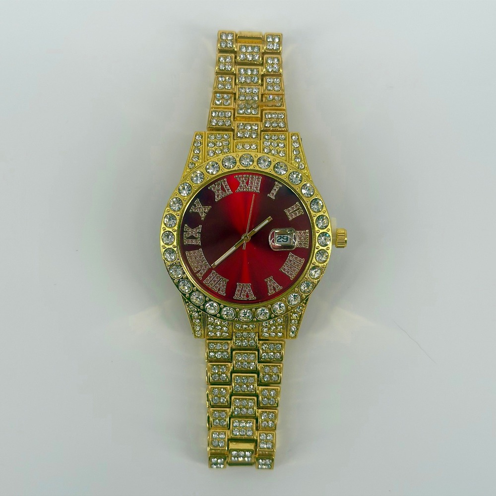 Gold Iced Out Watch Red Dial Crystal Roman Numerals Hip Hop Bling Date Window